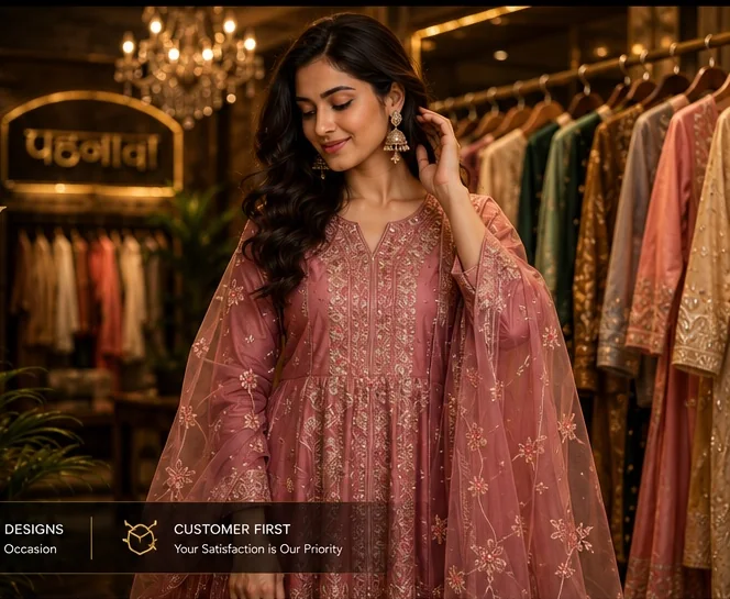 Rose-pink embroidered suit displayed inside a premium showroom