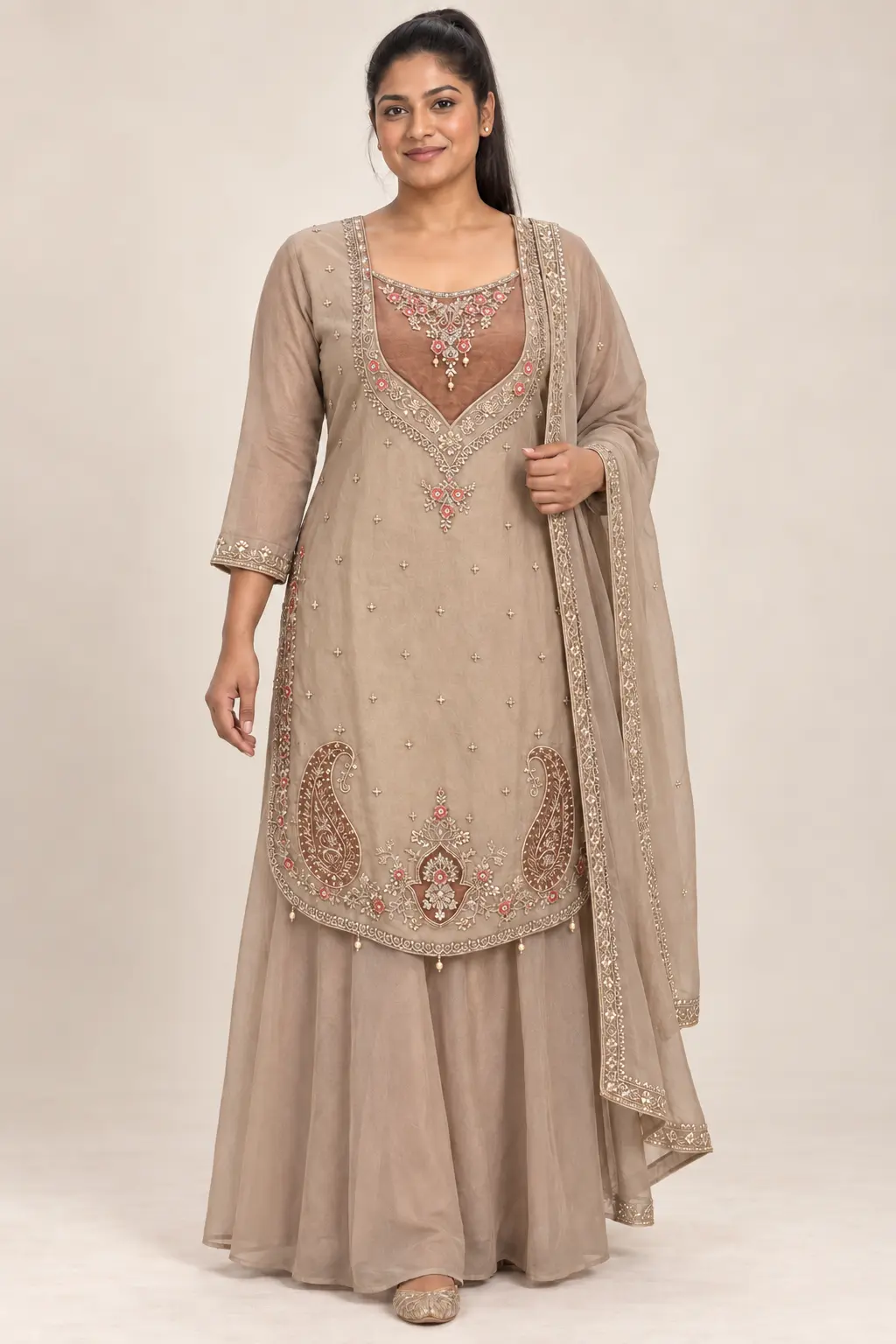 Model styling and design details for Taupe paisley