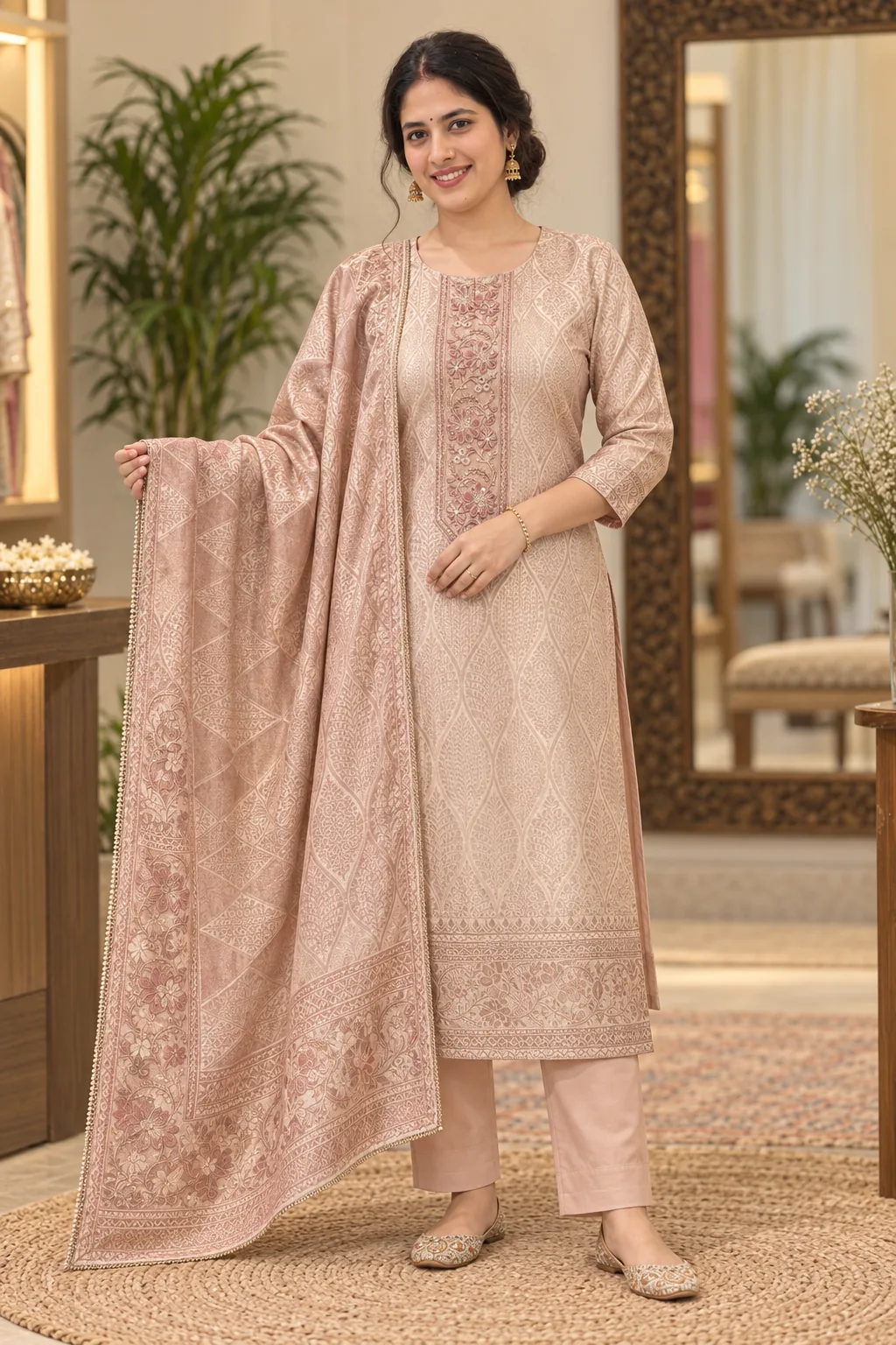 Model in peach Banarasi-inspired shimmer suit styling with a floral chest panel, woven leaf pattern and plain bottom