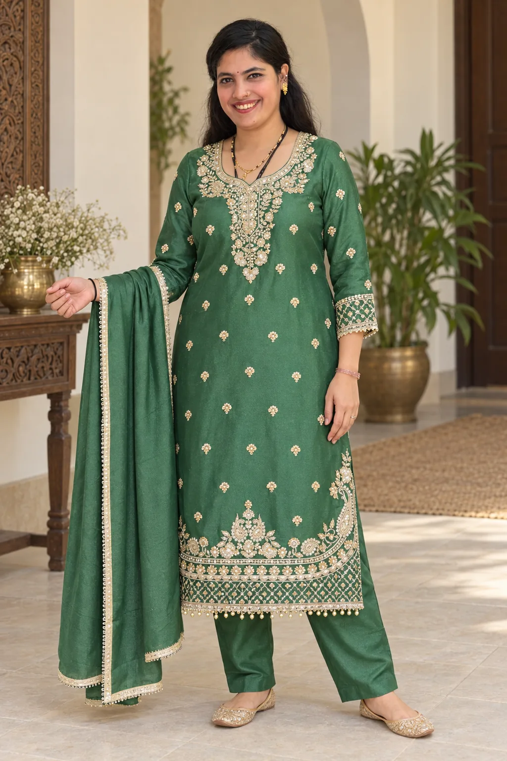 Model wearing an emerald green suit with gold neckline embroidery, paisley hem and a plain gold-edged dupatta