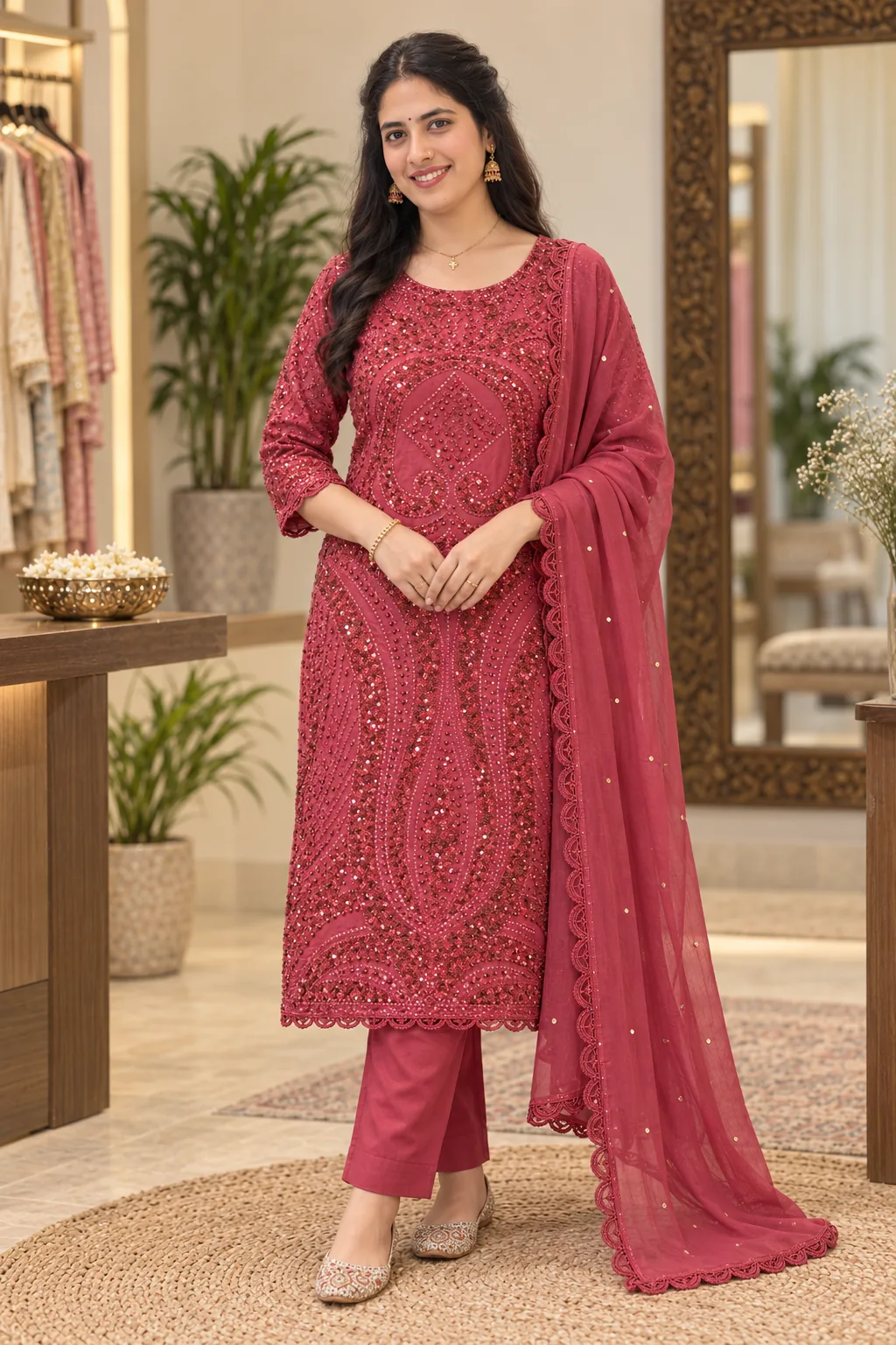 Model styling of rose pink sequinned scroll dress material with curved arches, a plain bottom and lace-edged dupatta