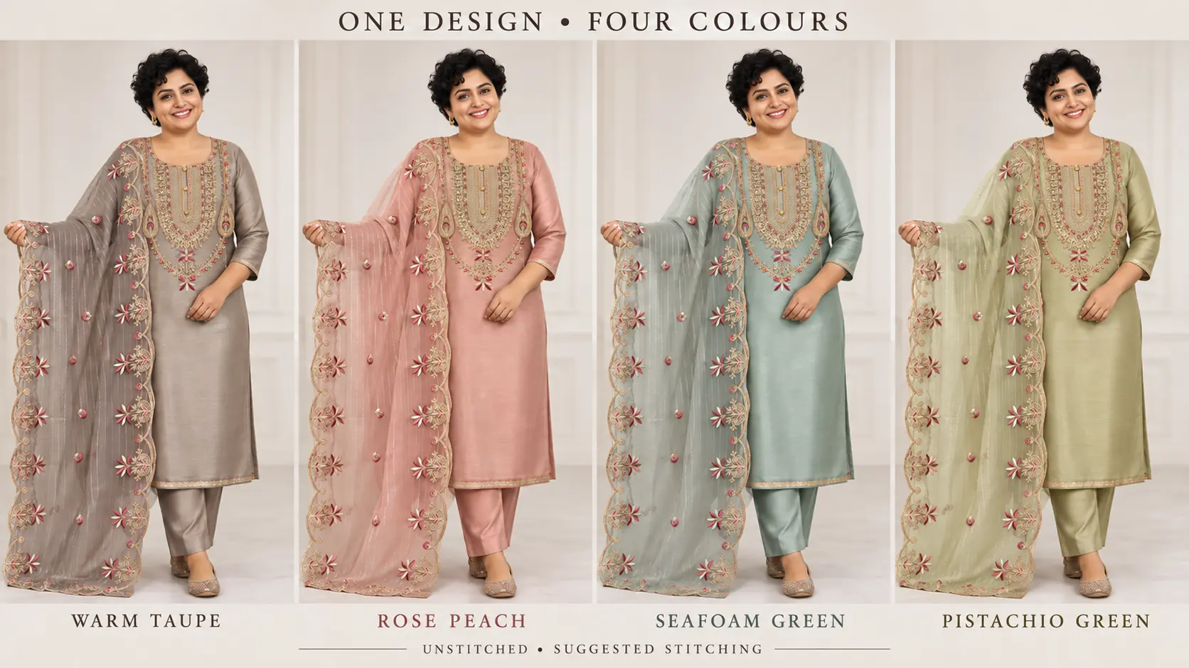 Model styling and design details for Ornate neckline