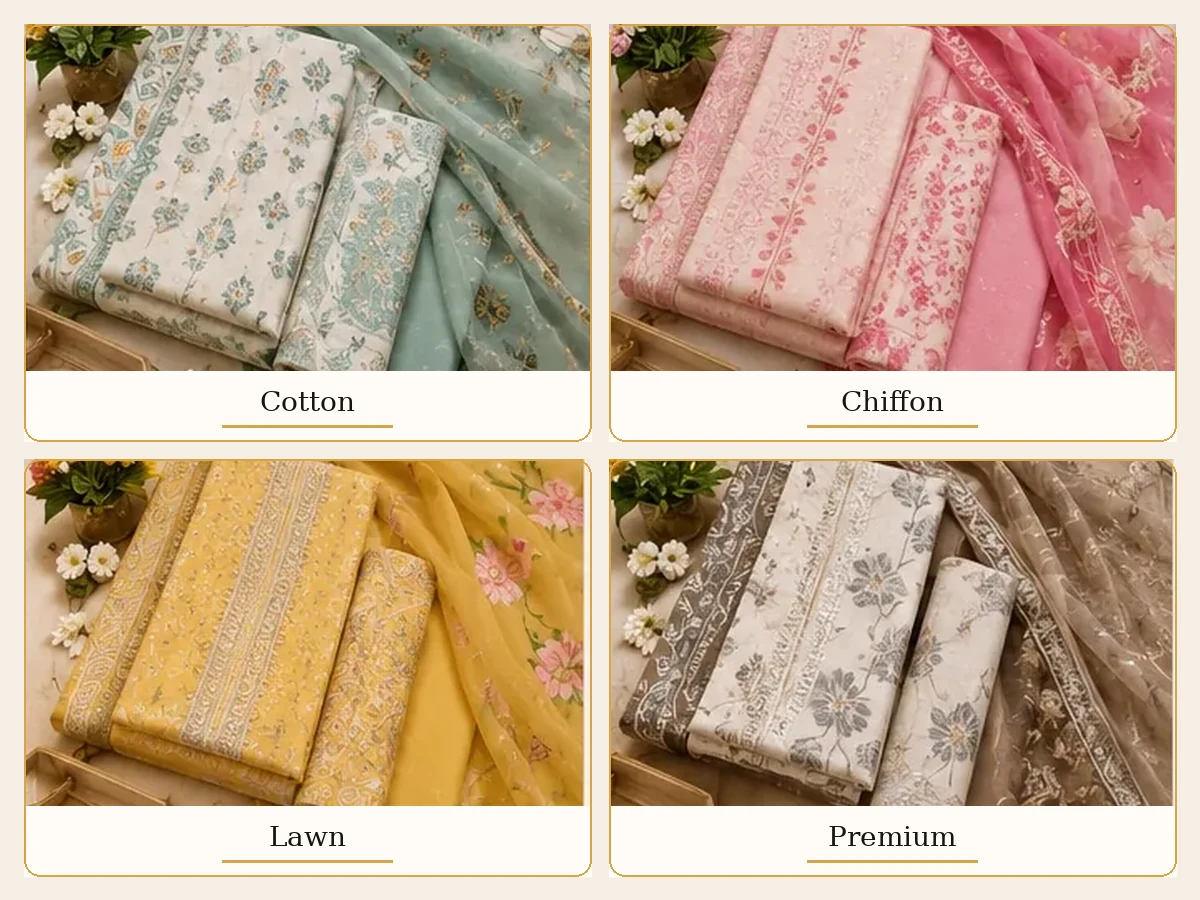 Unstitched suit fabrics in cotton chiffon lawn and premium styles in Sonipat